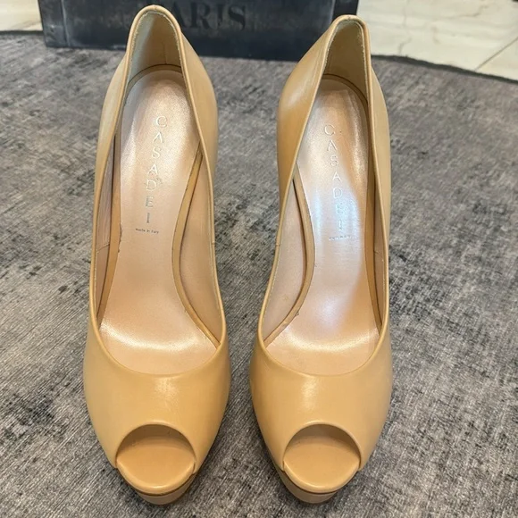 Casadei Nude Leather Peep Toe Platform Pumps - Picture 3 of 10